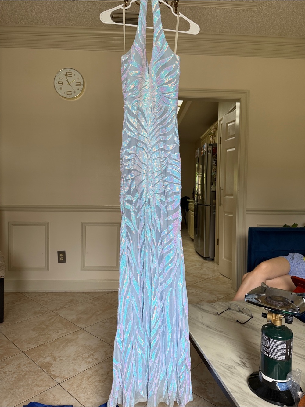 Windsor Elegant Iridescent Light Blue Halter Evening Dress